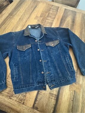 Expressions Dark Blue Denim Jacket with Brown leather Collar